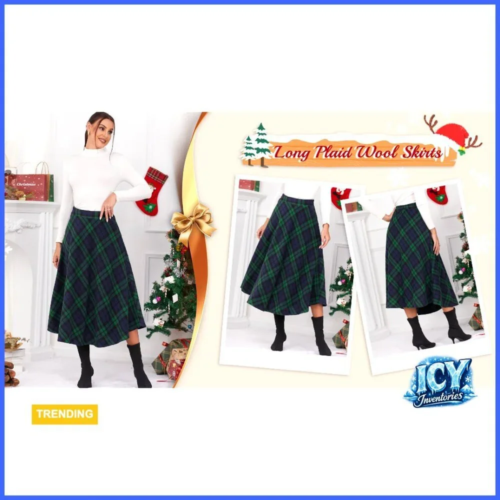 Wool Plaid Midi Skirt Elastic Waist A-Line Pleated Tartan Fall Winter